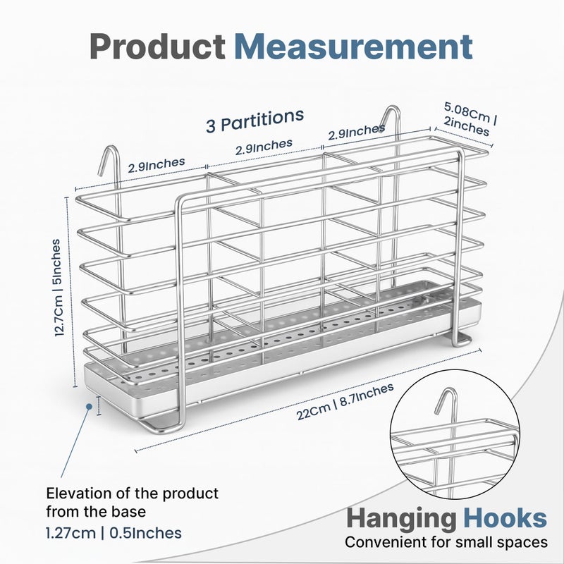 KESOL 304 Stainless Steel Utensil Drying Rack with Hooks & 3 Divided Compartments, Silverware Drying Basket, Spoon and Fork Organizer, Rustproof Kitchen Drainage Basket Accessories, Silver, 2x8.7x5 - Image 2